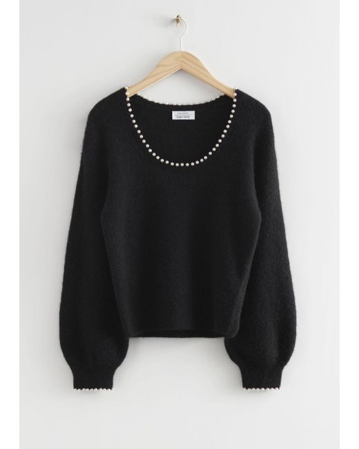 & Other Stories Pearl Embellished Wool Knit Sweater in Black | Lyst