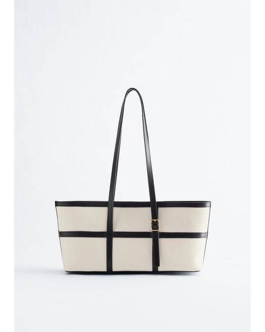 & Other Stories White Leather-Trimmed Canvas Shoulder Bag