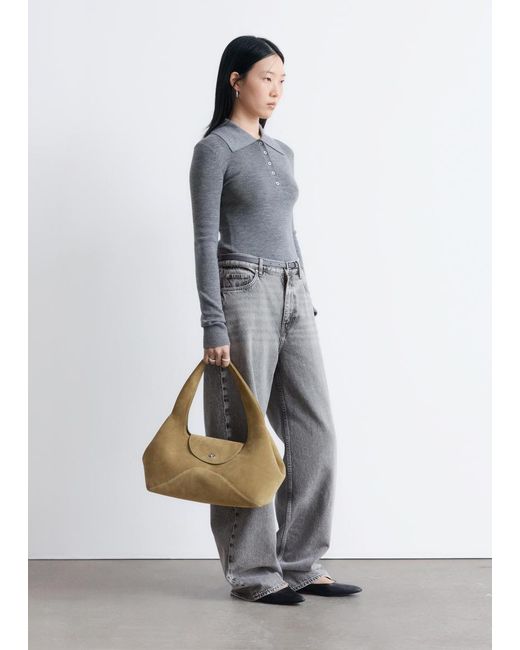 & Other Stories Gray Rib-Knit Merino Wool Polo Top