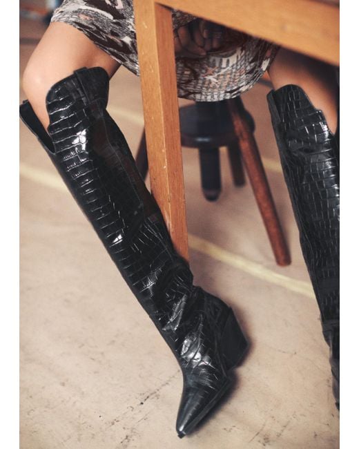 & Other Stories Black Patent Croc Knee High Cowboy Boots
