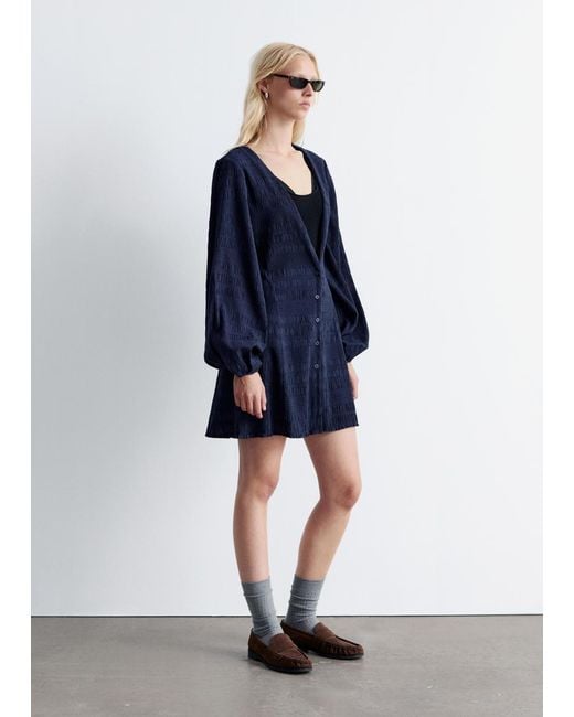 & Other Stories Blue Smocked Balloon-Sleeve Mini Dress