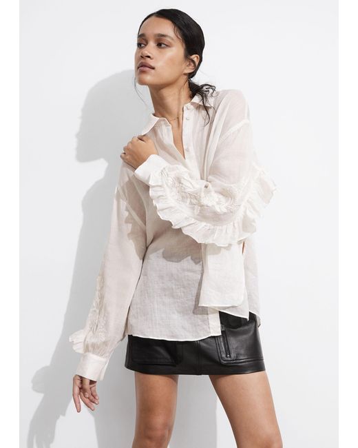 & Other Stories Natural Embroidered Frill-trimmed Shirt