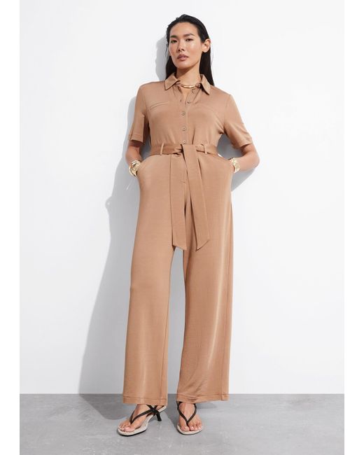 & Other Stories Natural Belted Short Sleeve Jumpsuit