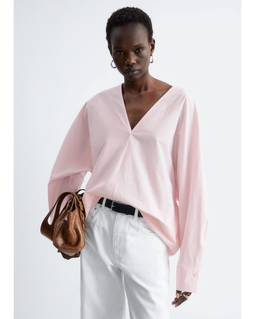 & Other Stories Pink Sculptural Cotton V-Neck Blouse