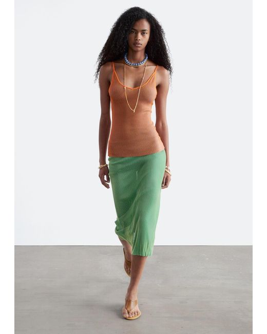 & Other Stories Green Rib-Knit Midi Skirt