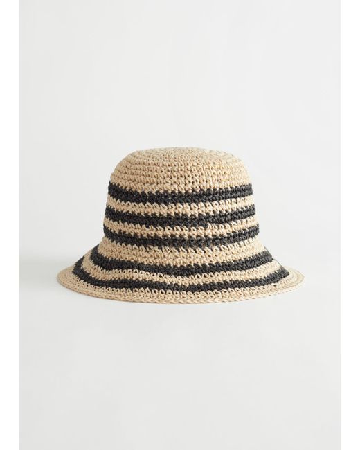 Crocheted Straw Bucket Hat in Beige 