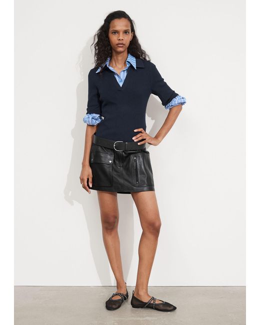 & Other Stories Black Utility Leather Mini Skirt