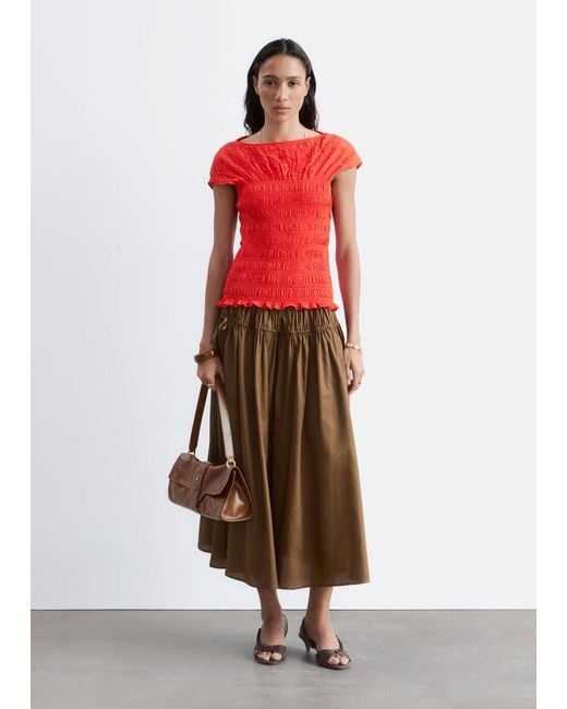 & Other Stories Red Smocked Boatneck Top