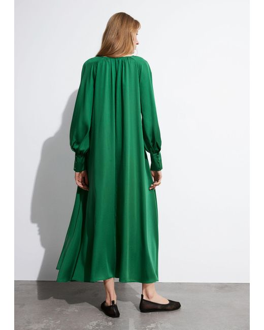 & Other Stories Green V-cut Satin Midi Dress