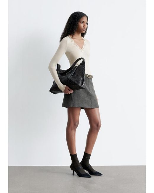 & Other Stories Gray Lace-Trimmed V-Neck Top