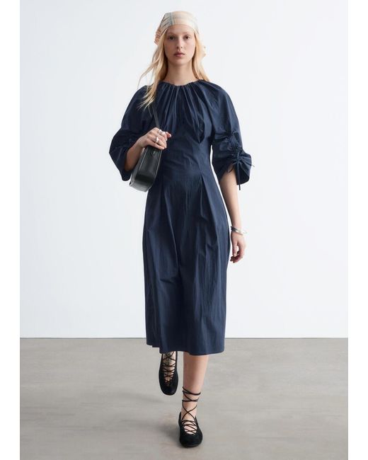 & Other Stories Blue Sculptural Drawstring Midi Dress