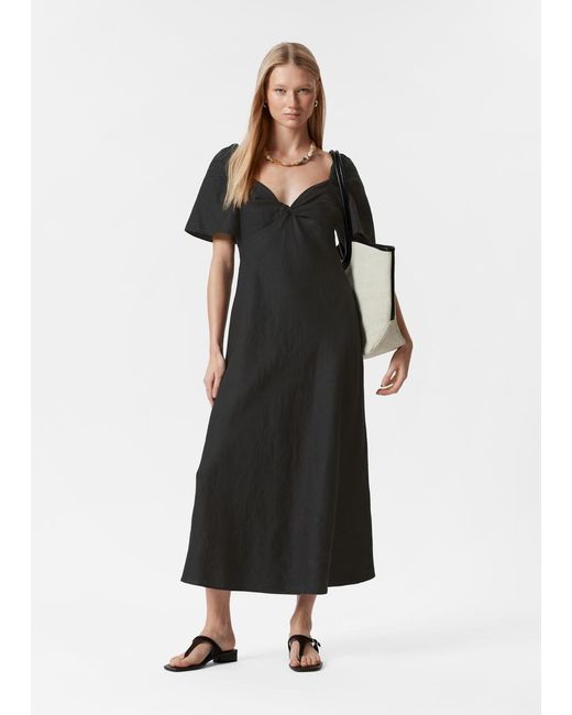 & Other Stories Black Linen Midi Dress