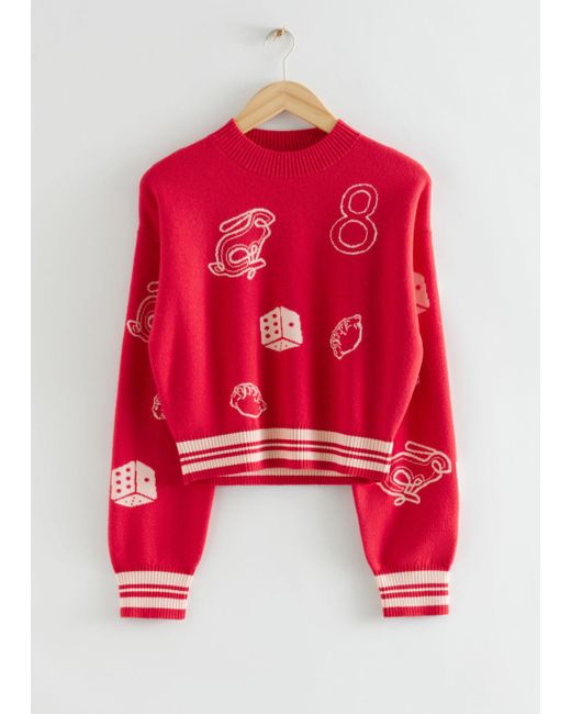 & Other Stories Red Relaxed Lucky-symbol Jacquard Jumper
