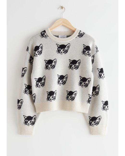 & Other Stories White Jacquard Knit Cat Sweater