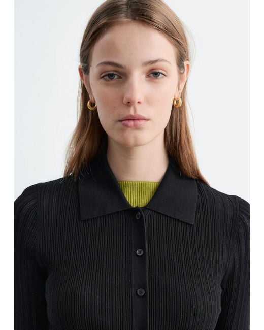 & Other Stories Black Pointelle Rib Polo Shirt