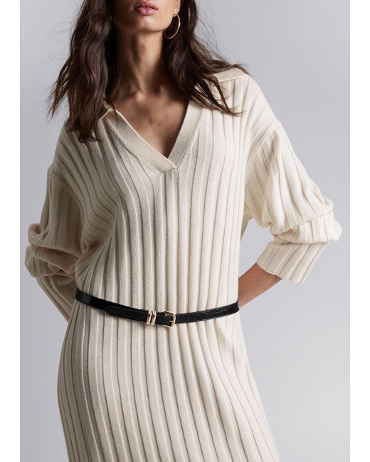 & Other Stories Natural Collared Rib-knit Midi Dress