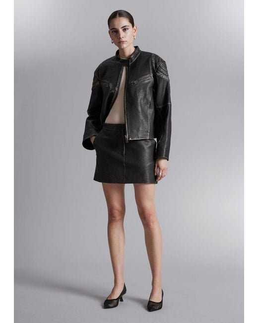 & Other Stories Black Topstitched Leather Mini Skirt