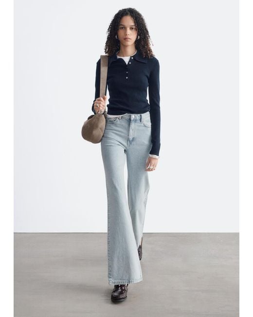 & Other Stories Blue Rib-Knit Merino Wool Polo Top