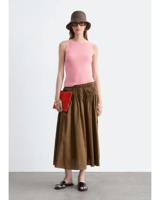& Other Stories Pink Cotton Drawstring Midi Skirt