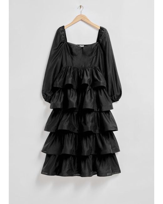 & Other Stories Black Ruffle-trimmed Midi Dress