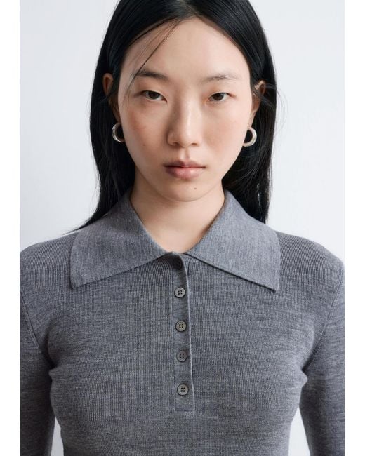& Other Stories Gray Rib-Knit Merino Wool Polo Top