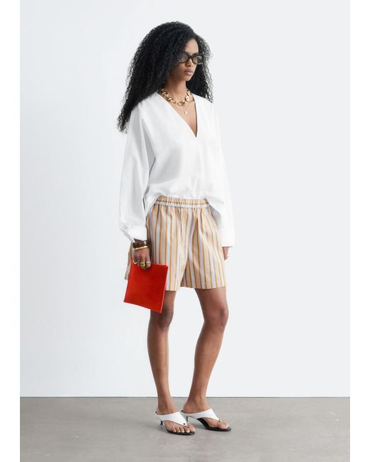 & Other Stories White Sculptural Cotton V-Neck Blouse