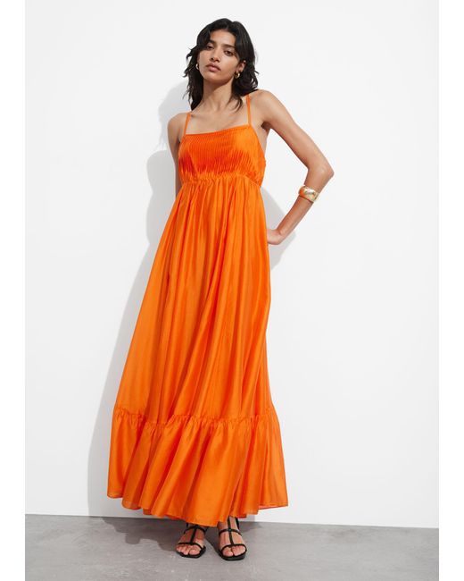& Other Stories Orange Strappy Tiered Midi Dress