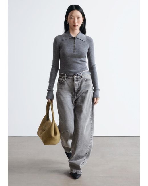 & Other Stories Gray Rib-Knit Merino Wool Polo Top
