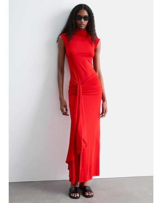 & Other Stories Red Wrap-Front Midi Dress