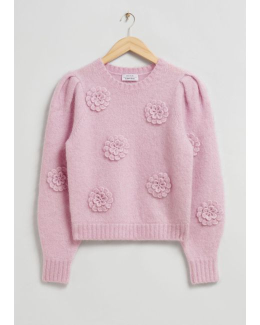 & Other Stories Pink Rose-appliqué Knit Sweater