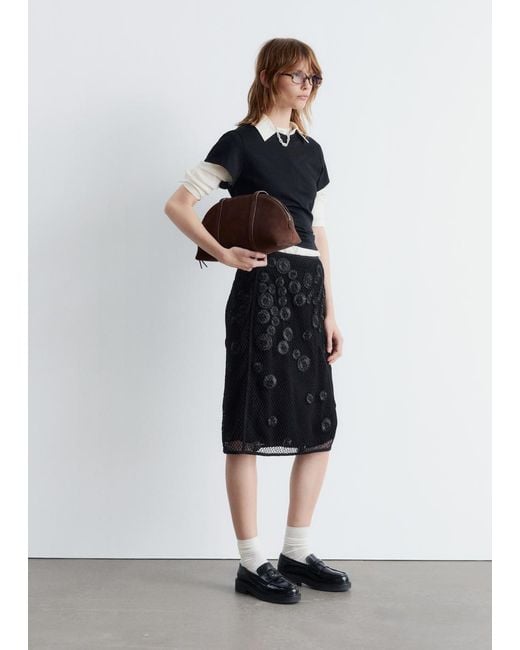 & Other Stories White Floral-Appliqué Mesh Midi Skirt