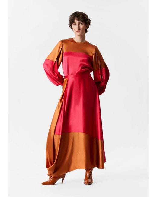 & Other Stories Red Colour-Block Satin Midi Skirt