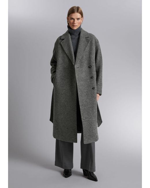 & Other Stories Gray Voluminous Belted Wool Coat