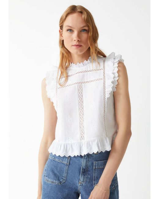 & Other Stories Lace Frilled Embroidery Top in White | Lyst