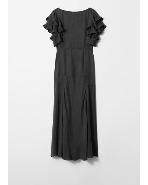 & Other Stories Black Frilled Satin Maxi Dress