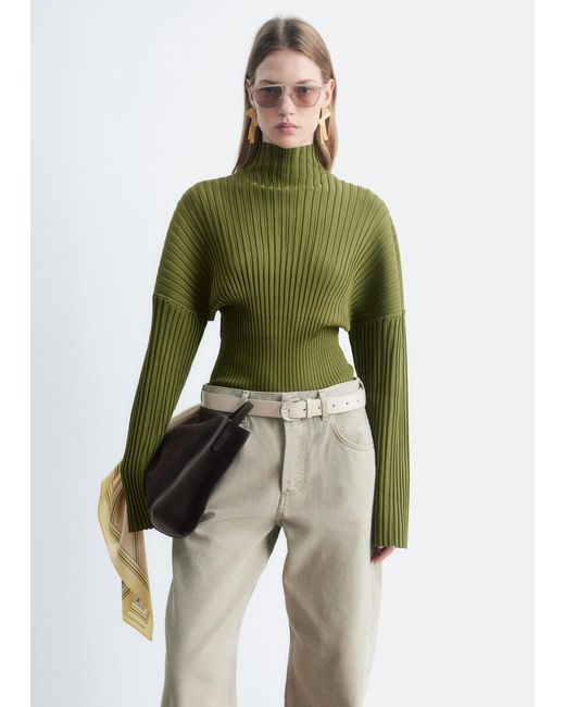 & Other Stories Green Ribbed Mock-Neck Jumper