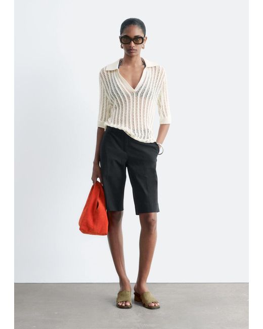 & Other Stories White Open-Knit Polo Top