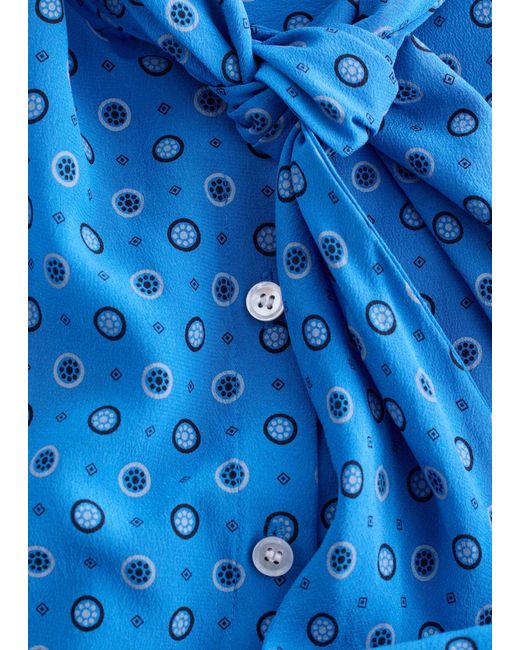 & Other Stories Blue Printed Tie-Neck Silk Blouse