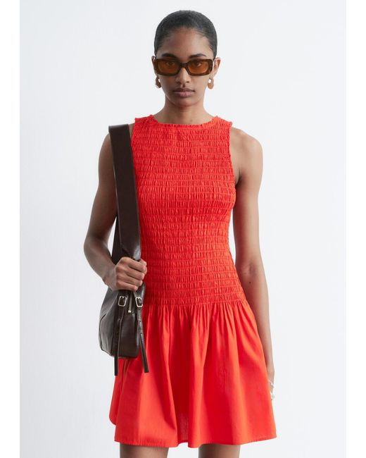 & Other Stories Red Smocked Cotton Poplin Mini Dress