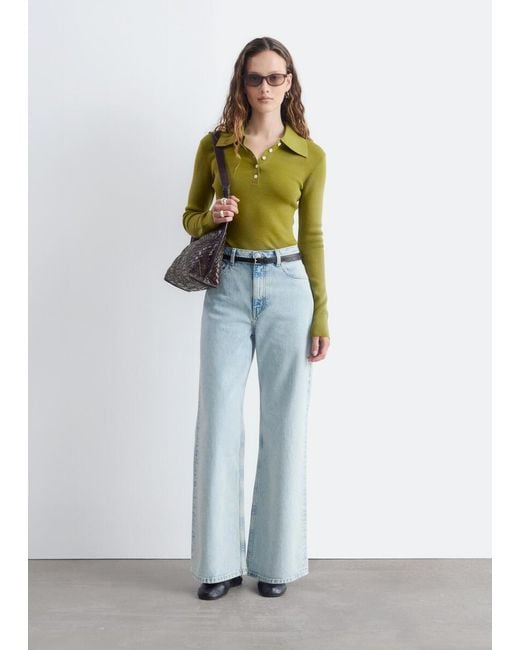 & Other Stories Green Rib-Knit Merino Wool Polo Top