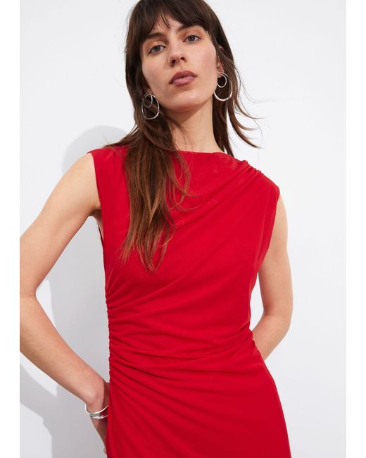 & Other Stories Red Draped Sleeveless Midi Dress
