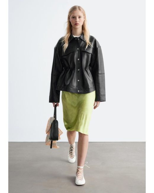 & Other Stories Black Drawstring-Waist Leather Jacket