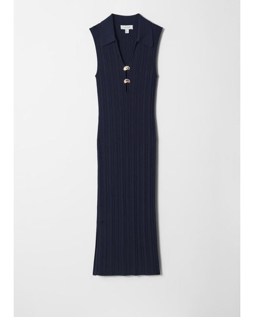 & Other Stories Blue Rib-Knit Collared Midi Dress