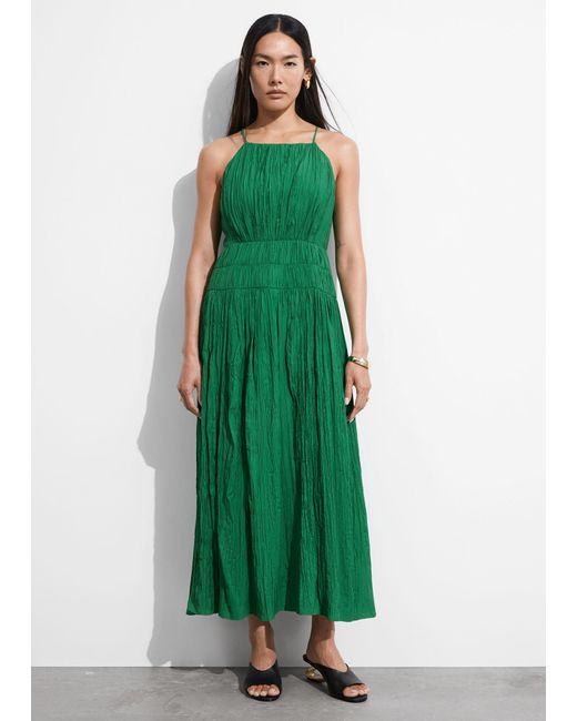 & Other Stories Green Shirred Sleeveless Midi Dress
