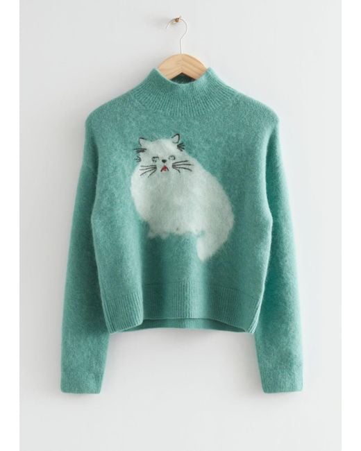 & Other Stories Green Jacquard Cat Motif Sweater