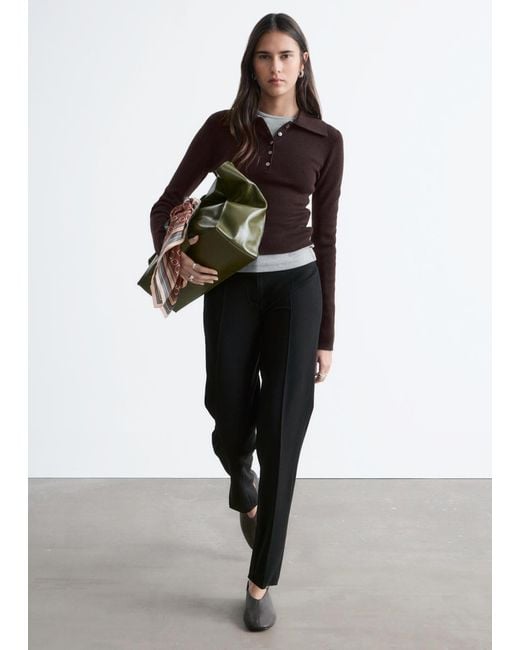& Other Stories Brown Rib-Knit Merino Wool Polo Top