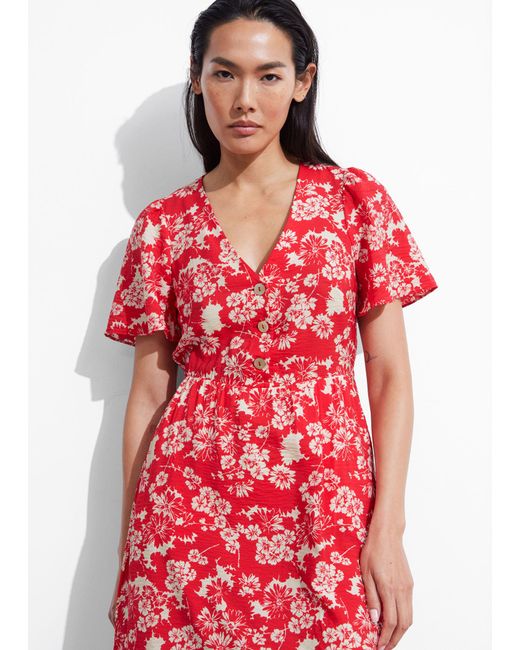 & Other Stories Red Flutter-sleeve Midi Dress