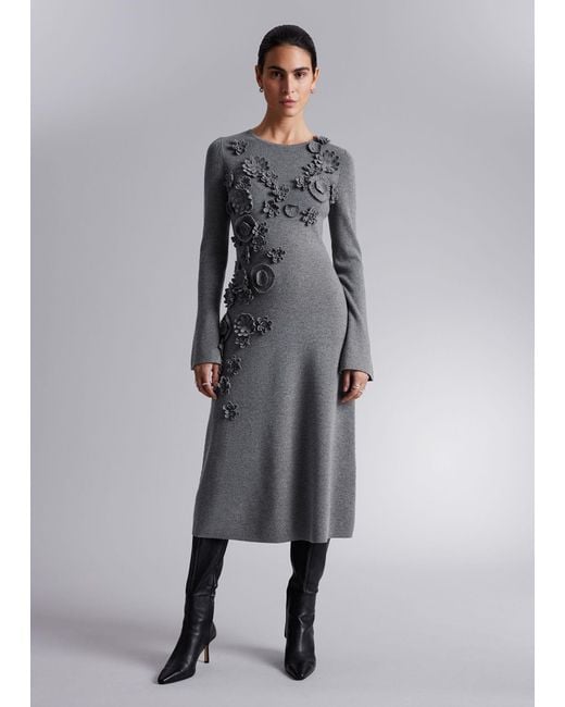 & Other Stories Gray Floral-appliqué Midi Dress