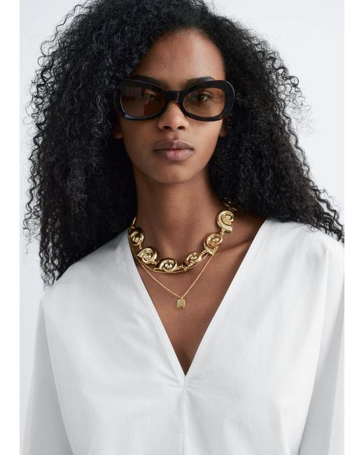 & Other Stories White Sculptural Cotton V-Neck Blouse