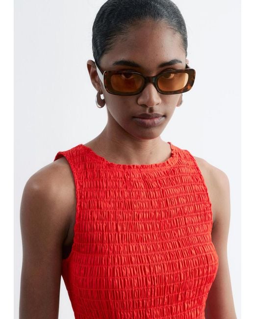 & Other Stories Red Smocked Cotton Poplin Mini Dress